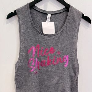 ‘Nice Shaking’ Grey Muscle Tank w a metallic pink letters